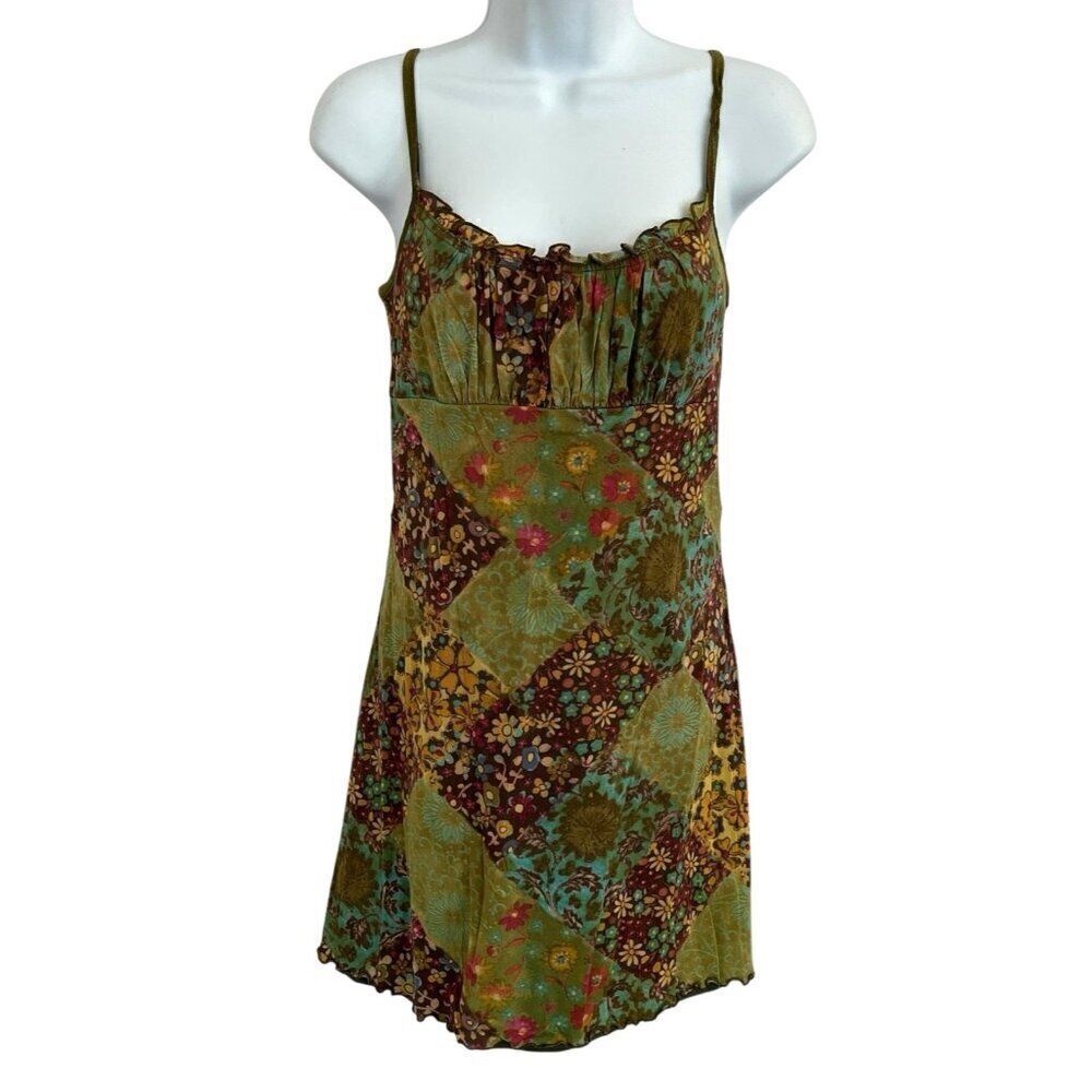 Vintage 90s Y2K Byer Too Babydoll Slip Dress Green FLoral L Boho Milkmaid Fairy